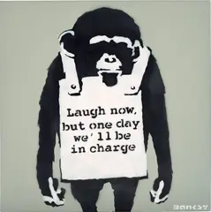 Banksy, Laugh Now But One Day We'll Be In Charge, 2002, spray paint and emulsion on canvas