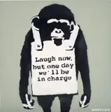Banksy, Laugh Now But One Day We'll Be In Charge, 2002, spray paint and emulsion on canvas