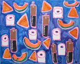 Duracell, Cantalope, Doritos, Toilet Paper by Katherine Bernhardt, 2015, acrylic and spray paint on canvas, offered Oct 2022