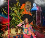 Phumelele Tshabalala, Methuselah The Queen and Friends, 2020, oil, acrylic, puff paint, spray paint, chalk pastel, tape embossing on paper, and brown paper collage on linen