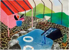 Shara Hughes, Pool House, acrylic, gouache, pastel metallic ink, graphite, paper collage and sand on paper