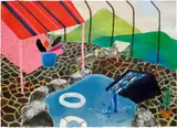 Pool House by Shara Hughes, acrylic, gouache, pastel metallic ink, graphite, paper collage and sand on paper, sold Oct 2022