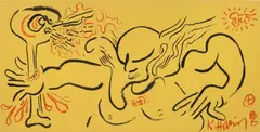 Untitled by Keith Haring, 1986, sumi ink and oxidised metal on paper mounted on panel, sold Dec 2022