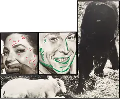 Female and Male Faces (With Notations) with Black and White Commentary by John Baldessari, 1989, vinyl paint on black and white photograph, in 3 parts, sold Dec 2022