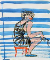 Painter, Blue Stripes by Ella Kruglyanskaya, 2018, water-based paint and oil pastel on paper, offered Dec 2022