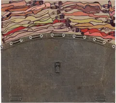 Rainbow by Carol Rama, 2002, marker, oil, rope, metal, buckle and stitched fabric on canvas, sold Dec 2022