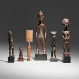 African, Collection of six figures, carved wood, beads, hair