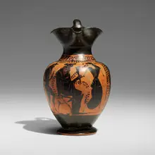 Graeco-Roman, Oinochoe with Dionysus, satyr and maenad, terracotta