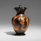 Graeco-Roman, Oinochoe with Dionysus, satyr and maenad, terracotta