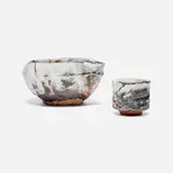Shinji Suzuki, Anagama Yohen Nezumi Shino sake set, 2022, glazed and anagama-fired stoneware