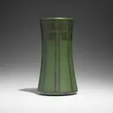 Vase with conventionalized trees by Maude Milner and Sarah Tutt for Marblehead Pottery, 1908-20, glazed and incised earthenware, sold Feb 2026