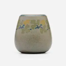 Cabinet vase with stylized flowering vine by Marblehead Pottery, 1908-20, glazed earthenware, sold Feb 2026