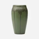 Vase with stylized foliage by Arthur Hennessey and Sarah Tutt for Marblehead Pottery, 1908-20, glazed earthenware, sold Feb 2026