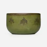Bowl with stylized oak trees by Arthur Baggs and Sarah Tutt for Marblehead Pottery, 1908-20, glazed earthenware, sold Feb 2026