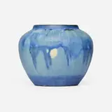 Scenic vase with live oaks, Spanish moss, and full moon by Aurelia Arbo for Newcomb College Pottery, c. 1935, glazed earthenware, sold Feb 2026
