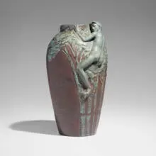 Weller Pottery, Large Fru-Russet vase with male nude climbing tree, c. 1904, glazed earthenware