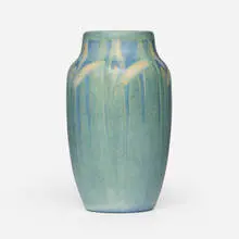 Transitional vase with wheat by Henrietta Bailey for Newcomb College Pottery, 1914, glazed earthenware, sold Feb 2026