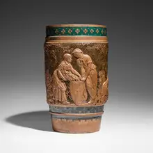 Haviland & Co., Rare floor vase with grape harvest scenes, c. 1885, hand-carved, glazed and gilt stoneware