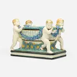Center bowl with putti by Wilhelm Süss for Karlsruher Majolika, c. 1920, glazed earthenware, sold Feb 2026
