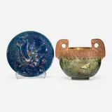 Matt Morgan Pottery, Vase and charger, c. 1883, glazed and gilt stoneware and earthenware