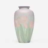 Double Vellum/Decorated Mat vase with tulips by Kataro Shirayamadani for Rookwood Pottery, 1938, glazed porcelain, sold Feb 2026