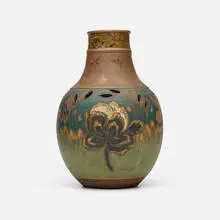 Reticulated vase with lotus flowers by Ernest Chaplet, c. 1885, hand-carved, glazed and gilt stoneware, sold Feb 2026