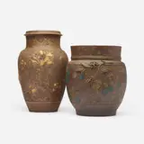 Ernest Chaplet for Haviland & Co., Vases with stylized flowers and leaves, set of two, c. 1885, hand-carved, gilt and glazed stoneware