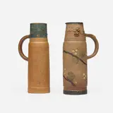 Ernest Chaplet for Haviland & Co., Pitchers with vines and hawthorn branches, set of two, c. 1885, hand-carved, glazed and gilt stoneware