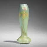 Painted Mat vase with lady's slipper orchids by Albert R. Valentien for Rookwood Pottery, 1900, glazed earthenware, sold Feb 2026