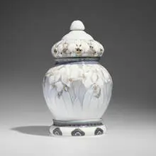 Jo Hahn Locher for Bing & Grøndahl, Reticulated covered vessel with orchids, 1902-14, carved and glazed porcelain