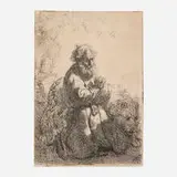 Saint Jerome Kneeling in Prayer, Looking Down by Rembrandt Harmensz van Rijn, 1635, etching, sold Jul 2024