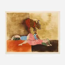 Graciela Boulanger, Deux enfants et une chevre, c. 1975, etching and aquatint in colors