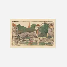 Arthur Wesley Dow, Gables by the Bridge, c. 1893, woodcut in colors