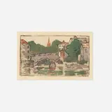 Arthur Wesley Dow, Gables by the Bridge, c. 1893, woodcut in colors