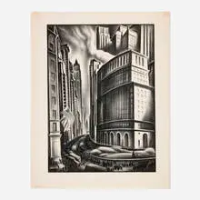 Howard Cook, Looking up Broadway (Lower Broadway), 1937, lithograph