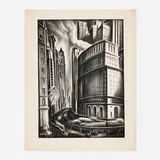 Howard Cook, Looking up Broadway (Lower Broadway), 1937, lithograph