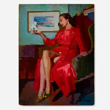 Joseph Newman, Portrait of a Young Woman in Red, oil on Masonite