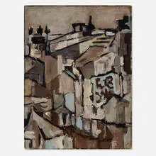 Jerry Pinsler, Untitled (City Scene), 1950, oil on board