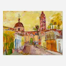 Francis Chapin, Town Square with Church and Palm Trees, oil on board