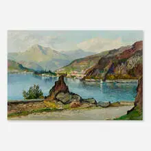 Lakeside Village by Luigi Cergoli, oil on canvas, sold Jun 2024