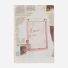 Mandy El-Sayegh, A Head of One, 2016, red ink and oil on newsprint
