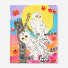 Ann Craven, Sunset Snowy Owls, 2021, oil and acrylic on book with hand-painted cover, graphite on paper