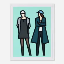 Julian Opie, Jade and Julia (from the Standing Couples series), 2024, relief with collage on museum board mounted to foamboard in artist's frame