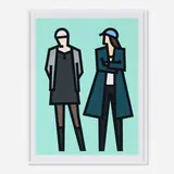 Julian Opie, Jade and Julia (from the Standing Couples series), 2024, relief with collage on museum board mounted to foamboard in artist's frame