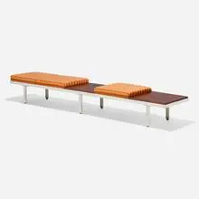 Contract Bench System, model 5996 by George Nelson & Associates, 1958, enameled steel, rosewood, upholstery, sold May 2025