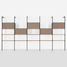 George Nelson & Associates, CSS (Comprehensive Storage System), 1959, enameled aluminum, walnut, Alexander Girard Checkers fabric, laminate, lacquered Masonite, aluminum