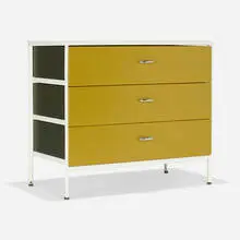 Steelframe cabinet, model 4012 by George Nelson & Associates, lacquered wood, enameled steel, laminate, chrome-plated metal, sold May 2025