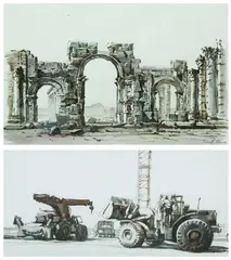 Nicholas Solovioff, ROMAN RUINS and HEAVY EQUIPMENT: TWO WORKS, each signed lower right, Watercolor on paper
