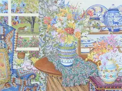 John Powell, Still Life with Flowers and Pottery, Hand colored lithograph - Plate: 24 1/2 in. x 32 1/2 in