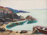 American School, Untitled, WOMAN BY BOAT, oil on board